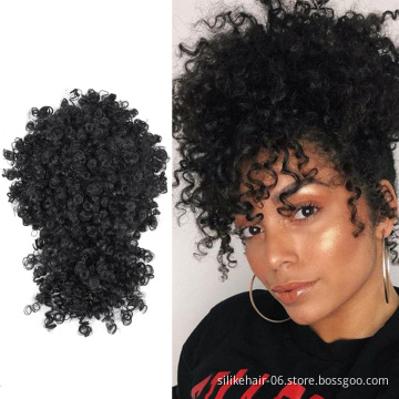 Wholesale Brown Afro Puff Hair Pieces Short Kinky Curly Drawstring Ponytail Chignon With Bangs Synthetic Hair Bun Extensions